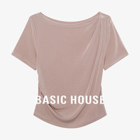 百家好（Basic House）Basic House/百家好醋纤纯色夏季百搭收腰显瘦气质感短袖T恤 粉色 XL