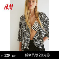 H&M女装衬衫2024夏季新款简约宽松五分袖古巴领法式短上衣1066926 黑色/图案022 155/80