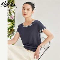 佐丹奴短袖针织衫女时尚通勤风撞色边方领气质小衫女18354908