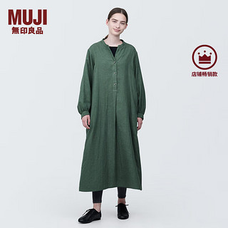 无印良品（MUJI）女式 木棉混双层纱织长袖连衣裙长裙裙子衬衫裙 BC2IOC4S 烟熏绿色 L 165/88A