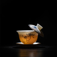 四美堂景德镇手绘陶瓷三才盖碗功夫茶具青花薄胎泡茶碗160ml 荷韵160ml