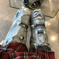 际域高街黑钻AMIRI风潮牌轻奢破洞烫钻水洗破坏男女牛仔裤修身小直筒 C11复古蓝色 XL 关注店铺优先发货