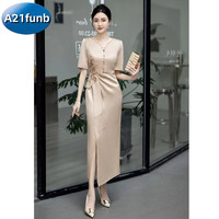 A21funb宴会气质感参加婚礼礼服裙平时可穿秋季高端喜婆婆婚宴装 香槟色 5XL