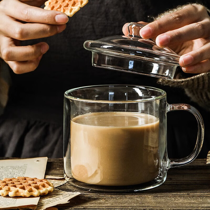 chomu双层玻璃杯带把饮用水杯耐热美式咖啡杯带盖杯子高硼硅茶杯马克杯 双层玻璃杯【带盖】500ml