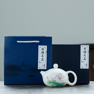 钰铨龙门 中国白瓷茶壶 德化羊脂玉瓷素烧纯手工手绘荷花莲花陶瓷泡茶西施壶 壹号-手绘荷花西施壶（约200ml）