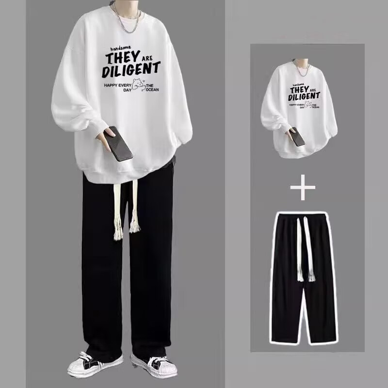 曙影（SHUYING）春秋季卫衣男休闲套装男青年痞帅一套搭配衣服男装ins两件套 【2件装】白色+黑裤 XL