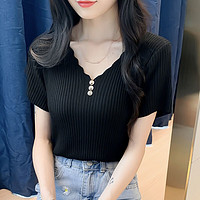 燠阳 冰丝t恤女装新款韩版纽扣V领上衣针织打底衫 (短)袖-黑色 XL