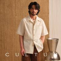 CULTUM100%棉夏季古巴领宽松简约短袖衬衫男休闲百搭半袖口袋衬衣 米黄色 M