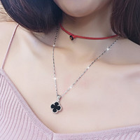 爱情故饰 四叶草项链女S999银玫瑰金锁骨链黑玛瑙吊坠百搭 XL041四叶草 白银色项链+玫瑰花礼盒