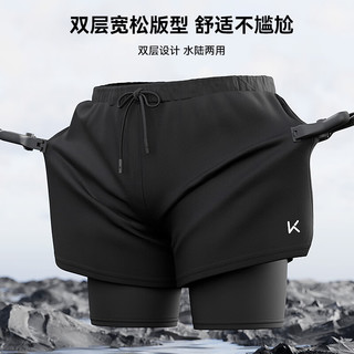 Keep泳裤男士防尴尬双层宽松游泳裤泳衣套装9291 黑色 L
