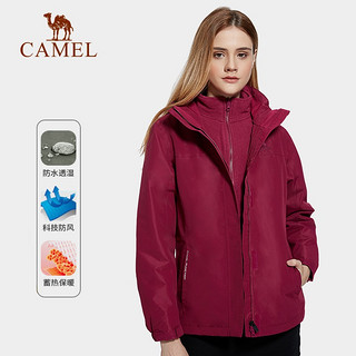 骆驼（CAMEL）三合一冲锋衣户外登山服防风防水耐磨加绒加厚外套秋冬 A1WO118151，药紫红，女 XXXL