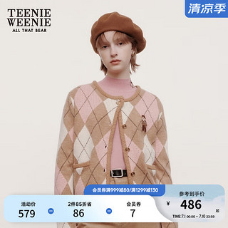 Teenie Weenie小熊春装马海毛菱形格纹圆领开衫毛针织衫女 卡其色 165/M