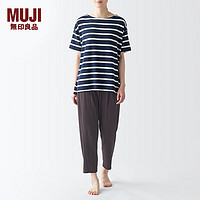 无印良品 MUJI 女式接触冷感天竺织短袖家居服套装女士睡衣夏季FD1JNC4S 藏青色条纹 XL 上装165/92A下装165/74A