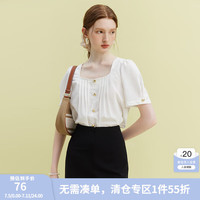 范思蓝恩23FS12576法式优雅U型领压褶设计感小衫通勤简约衬衣女 白色 M