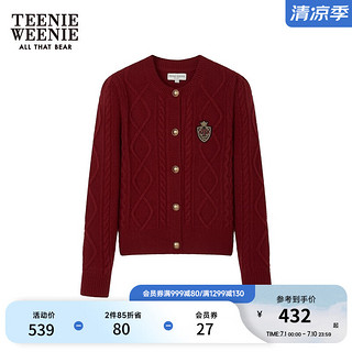 Teenie Weenie小熊泡泡袖绞花毛衣针织开衫女 红色 160/S