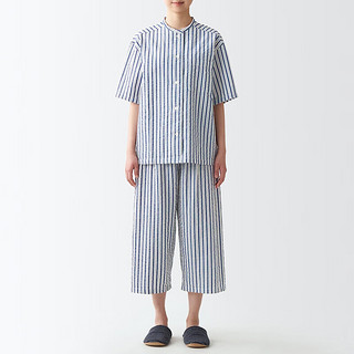 无印良品（MUJI）女式 无侧缝泡泡纱短袖睡衣女士家居服套装夏季纯棉全棉 FDB04C2S 深藏青色条纹 XL