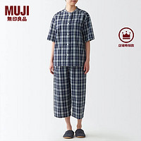 无印良品（MUJI）女式 无侧缝泡泡纱短袖睡衣女士家居服套装夏季纯棉全棉 FDB04C2S 藏青色×图案 L