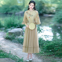 景华年改良汉服成人女夏季复古新中式汉元素文艺中国风美人上衣裙子套装 美人咖上衣+美人咖裙子 S