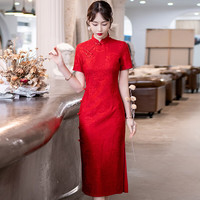 家隆名秀旗袍女 中式旗袍敬酒服酒红色回门新娘夏订婚礼服 红色 M