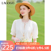 lagogo拉谷谷法式泡泡袖上衣女2024年夏季新款木耳边系带短袖衬衫 米色(T2)