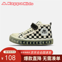 Kappa Kids卡帕男女童帆布鞋夏高帮格纹设计儿童休闲鞋潮流百搭黑色26码