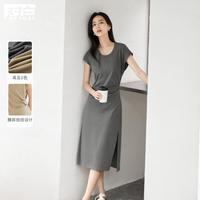 2024夏装简约纯色设计感腰部扭结设计下摆开叉女式无袖连衣裙