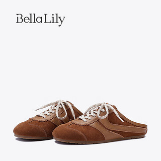 Bella Lily2024夏季一脚蹬半包拖鞋女牛皮平底德训鞋外穿凉拖 棕色 35