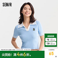 森马（Semir）针织衫女短款紧身刺绣套头衫气质夏撞色polo领毛衫女生潮流 冰蓝80999 175/96A/XXL