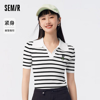 森马（Semir）针织衫女短款紧身刺绣套头衫气质夏撞色polo领毛衫女生潮流 白黑色调00319 170/92A/XL