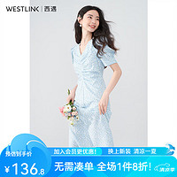 WESTLINK 西遇 V领碎花连衣裙2024年春夏季收腰褶皱法式甜美小裙子中长裙 蓝色 S