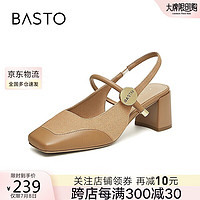 BASTO 百思图 24夏简约拼接法式方头粗跟后空女玛丽珍凉鞋M2415BH4 卡其色 37