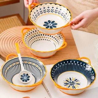 佩尔森（CERAMICS）高颜值碗家用泡面碗双耳碗创意带耳甜品碗简约饭碗陶瓷餐具 鸿运当头+锦上添花（2只）