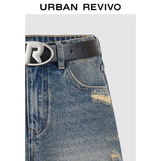 URBAN REVIVO 女士街潮腰带装饰破洞流苏牛仔短裤 UWV840227 蓝色 28