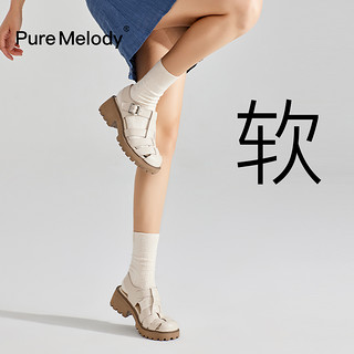 Pure Melody PM包头厚底罗马凉鞋女2024夏季新款白色爆款法式真皮粗跟猪笼鞋子