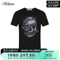 奥拉玛(Aolama)轻奢男装圆领短袖T恤镶钻骷髅头个性短袖t恤纯棉 黑色 54