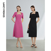 88VIP：朗姿 法式复古小香风方领气质裙子女2024年夏季新款黑色粉色连衣裙