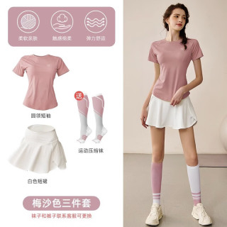 悦步跑步运动套装女夏季T恤打羽毛网球服晨跑健身速干衣防走光短裙 柠檬黄短袖+白色短裙+健身袜 L【建议105-120斤】