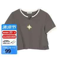 美特斯邦威T恤女2024夏季新款舒适弹力拼色链条印花针织短袖上衣 灰白色组 160/M