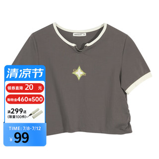 美特斯邦威T恤女2024夏季舒适弹力拼色链条印花针织短袖上衣 灰白色组 155/S