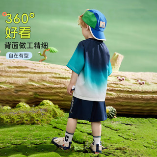 ASK JUNIOR男童套装夏2024薄款快干渐变短袖T恤宽松短裤运动跑步两件套 藏青色 120