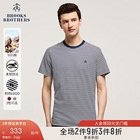 布克兄弟（BrooksBrothers）男士24春夏棉质刺绣LOGO条纹短袖T恤 B475-藏青色 M