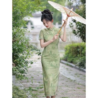 杜艳枝2024夏季 网纱印花长款侧八扣旗袍绿色竹叶节节高升高考旗袍 绿（ 胸有成竹） XL 110-120斤(160身高标准)
