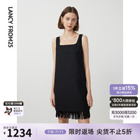 朗姿法式方领气质高级感流苏小黑裙女2024年春新款a字显瘦连衣裙 黑色