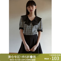 独束大码女装法式设计感减龄娃娃领衬衫女夏微胖mm显瘦气质小衫 黑白格纹 L