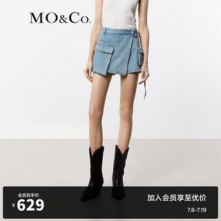 MO&Co.2024夏雪花浅蓝不对称低腰工装牛仔裙裤短裤MBD2SOT005 牛仔浅蓝色 24/XXS