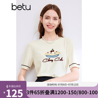 百图betu女装2024春夏新款针织衫减龄时髦文艺图案圆领短袖女2403T10 米白