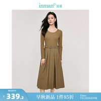 茵曼(INMAN)针织拼接百褶连衣裙2024秋季女装收腰显瘦长袖中长款裙子 深军绿 S