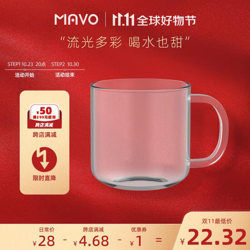 MAVO 拾光师玻璃咖啡杯 马克杯 带手把ins风琥珀色粉红透明复古 透明