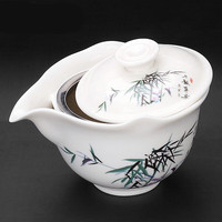 莱杉 白瓷盖碗 盖碗茶杯大号陶瓷盖碗大号泡茶杯防烫茶壶功夫茶具三才普洱泡茶碗手抓茶壶白瓷 手抓壶大号-竹报平安(过滤网