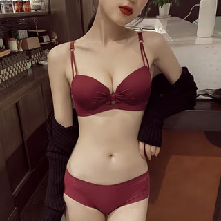 维多利亚的优雅本命年红色内衣女结婚新娘小胸聚拢无钢圈无痕文胸套装胸罩防下垂 粉色(套装+精美包装) 75B=34B